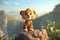 Cute Cartoon Tiger With Very Big Eyes And A Pitying Look Against A Rock Ledge With A Magnificent View. Generative AI