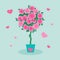 Cute cartoon topiary sapling of roses in a pot for Valentine`s Day. Vector illustration