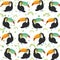 Cute Cartoon toucan birds set on white background, seamless pattern. Vector