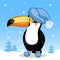 Cute cartoon toucan in a blue hat and boots.