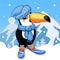 Cute cartoon toucan with hat, scarf and skis.