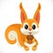 Cute cartoon toy fluffy squirrel with tassels on ears and acorn in paws