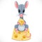 Cute cartoon toy gray rat hold piece of cheese and sits on a large piece of cheese