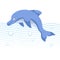 Cute cartoon trendy style dolphin jumping. Sea an ocean blue waves and bubbles.