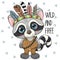 Cute Cartoon tribal Raccoon with feathers