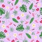 Cute cartoon tropical indian flowers on purple background seamless pattern, floral paper, fabric, textile, decoration