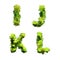 Cute cartoon tropical vines and bushes font on white, I J K L glyphs