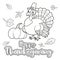 Cute cartoon turkey wearing a pilgrim hat wishes happy thanksgiving day outlined for coloring page on white