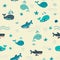 Cute cartoon under blue water animal life pattern seamless background
