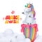 Cute cartoon unicorn character with bell siting on rainbow in cloudy sky