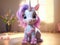 A cute cartoon unicorn figurine stands on a gift box on a pink background. Gifts for the girl on a holiday