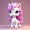 A cute cartoon unicorn figurine stands on a gift box on a pink background. Gifts for the girl on a holiday