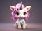 A cute cartoon unicorn figurine stands on a gift box on a pink background. Gifts for the girl on a holiday