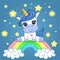 Cute Cartoon Unicorn sitting on a rainbow on a background of the night sky. Good for greeting cards, invitations, decoration,