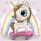 Cute Cartoon Unicorn with skateboard