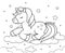 Cute cartoon unicorn sleeping on clouds. Black and white illustration for coloring book