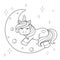 Cute cartoon unicorn sleeping on the moon. Black and white illustration for coloring book