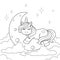 Cute cartoon unicorn sleeping on the moon in clouds. Black and white illustration for coloring book