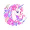 Cute cartoon unicorn surrounded with flowers. Vector illustration.