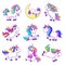 Cute cartoon unicorn. Unicorns design, fashion baby elements. Girl animals, cutie magic horses and pony. Garish objects