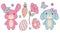 Cute cartoon vector collection set with pastel colored pink and blue bunny, spring flowers, butterfly, carrot, leaves and easter e