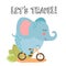 Cute cartoon vector elephant, riding a bicycle and lettering about travel. Summer kids illustration with cute happy elephant.