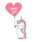 Cute cartoon vector unicorn with balloon with hand drawn lettering love you text