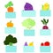 Cute cartoon vegetables holding empty board vector.