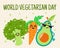 Cute cartoon vegetables vector illustration. Fun broccoli, carrots and avacados celebrate World Vegetarian Day. Hand-drawn harvest