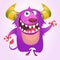 Cute cartoon violet horned and fluffy monster smiling. Halloween vector illustration.
