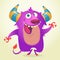 Cute cartoon violet horned and fluffy monster smiling. Halloween vector illustration.