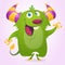 Cute cartoon violet horned and fluffy monster smiling. Vector illustration.