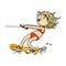 Cute cartoon wakeboard girl in swimsuit doing wakeboarding. Vector isolated hand drawn character