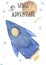 Cute cartoon watercolor rocket icon set on space background. Colorful blue flying shuttle illustration, isolated clip art for