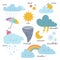 Cute cartoon weather icons. Forecast meteorology vector vocabulary symbols