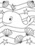 Cute cartoon whale, seashell and starfish black and white vector illustration for coloring art