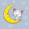 Cute cartoon white gray cat sleeps on the moon. Vector illustration. A beautiful kitten. The little kitten is sleeping