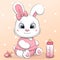 Cute cartoon white rabbit with milk bottle and babies dummy.