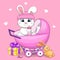 Cute cartoon white rabbit in a pram stroller with a toy, gift, milk bottle, babies dummy.