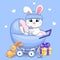 Cute cartoon white rabbit in a pram stroller with a toy, gift, milk bottle, babies dummy.