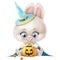 Cute cartoon white rabbit in a wizard costume examines the prey from Trick or Treat on a white