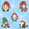 Cute cartoon winter gnomes in a caps and snowflakes.