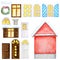 Cute cartoon winter red house, wooden windows, doors, christmas decorations constructor on white background. Elements