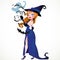 Cute cartoon Witch with bats and magic wand