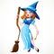 Cute cartoon witch in blue dress with broom
