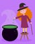 Cute cartoon witch brews potion in pot