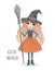 Cute cartoon witch in orange skirt and hat with a broom in hand. Hand drawn beautiful little Halloween Witch. Vector illustration