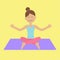 Cute cartoon woman character sitting in lotus pose. Young girl do yoga. Healthy lifestyle. Fitness clothes. Yoga pad. Relax