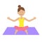 Cute cartoon woman character sitting in lotus pose. Young girl do yoga. Healthy lifestyle. Fitness clothes. Yoga pad. Relax