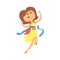 Cute cartoon woman crossing blue finishing line. Colorful character vector Illustration